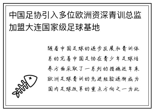 中国足协引入多位欧洲资深青训总监加盟大连国家级足球基地