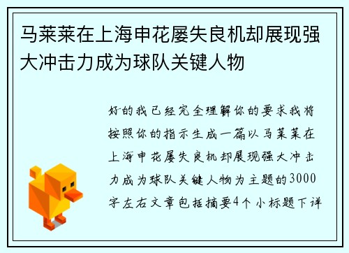 马莱莱在上海申花屡失良机却展现强大冲击力成为球队关键人物